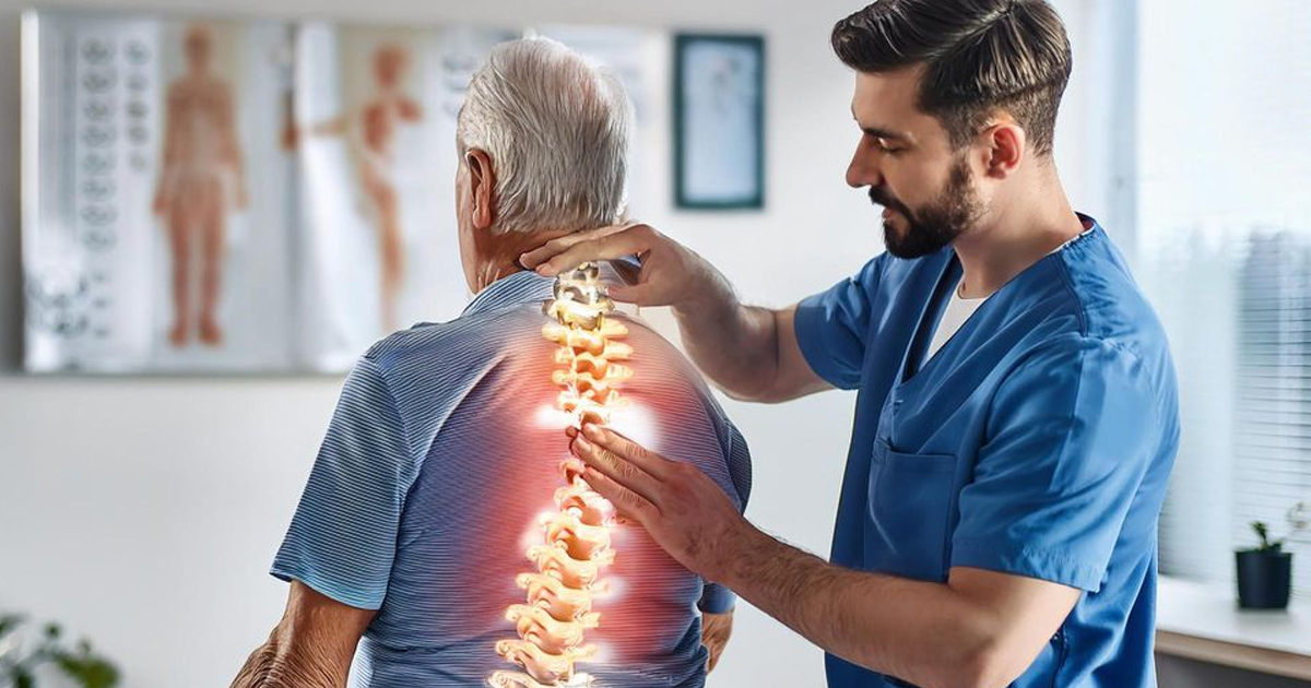 A healthcare professional examining an elderly man's spine, highlighted with an anatomical overlay.