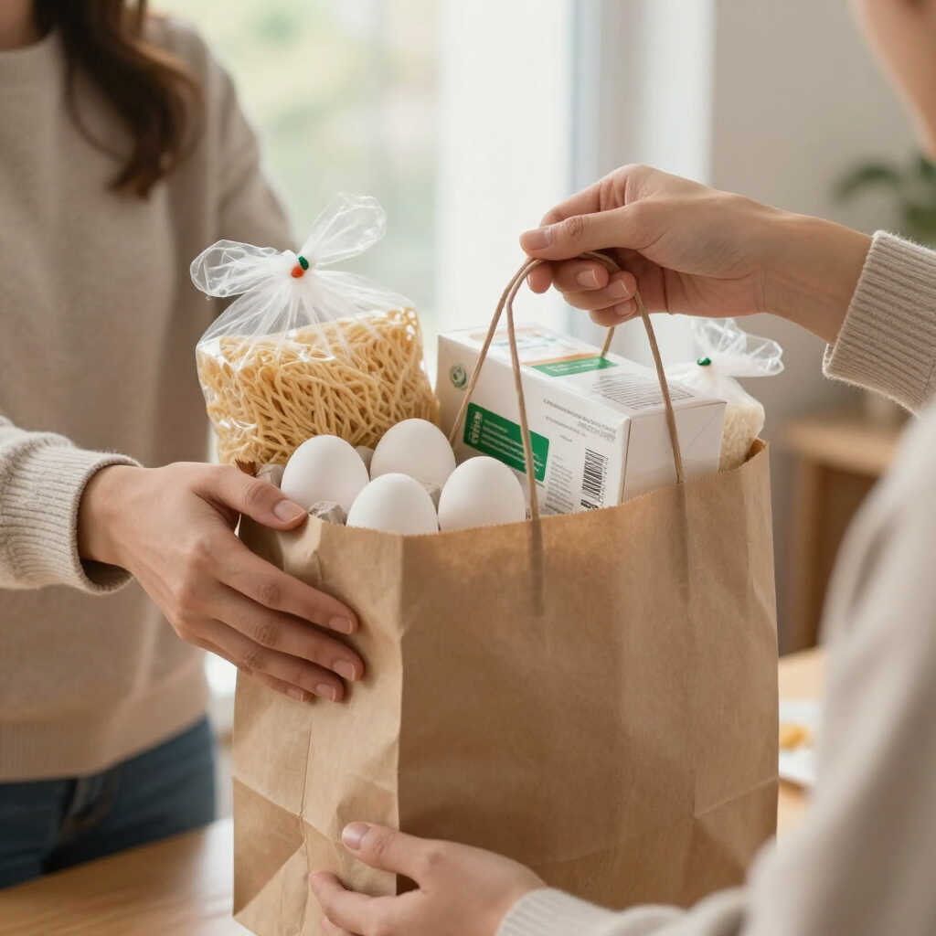 Unas manos se pasan una bolsa de papel con huevos, fideos y leche dentro.