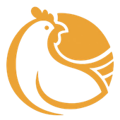 Logotipo de pollo estilizado naranja y blanco sobre un fondo circular.