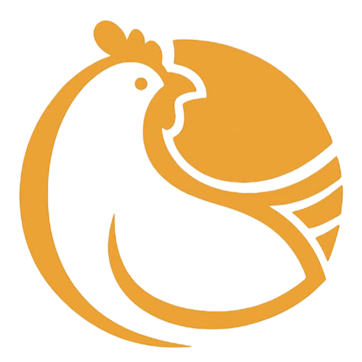Logotipo circular naranja con la silueta de un pollo blanco y líneas de alas estilizadas.