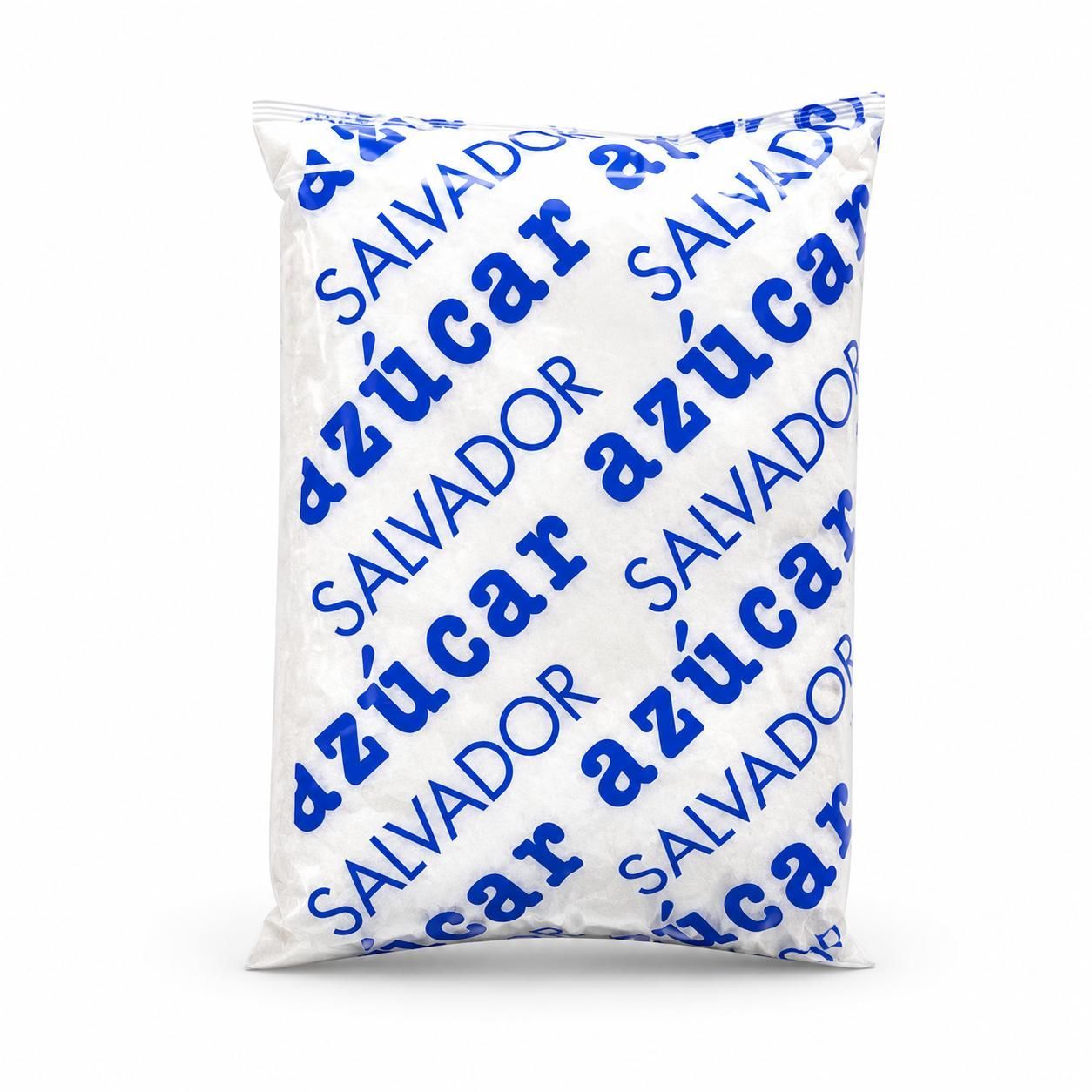 Bolsa blanca de Azúcar Salvad sobre fondo blanco, impresa en azul con texto repetido.