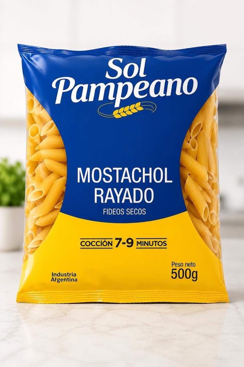 Bolsa de pasta Sol Pampeano Mostachol Rayado, paquete azul y amarillo de 500 g sobre fondo blanco.