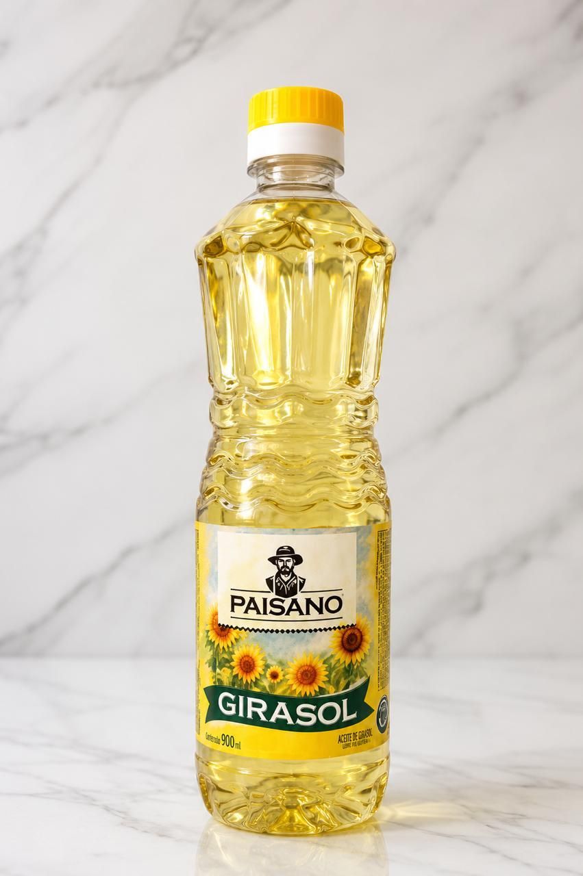 Botella de aceite de girasol Paisano Girasol con tapón amarillo sobre fondo de mármol blanco.