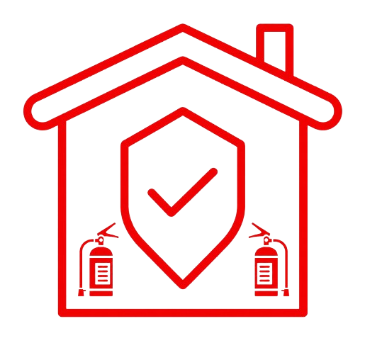 Red House Outline With Shield Checkmark and Two Fire Extinguishers — CSET Group Fire & Security in Lake Macquarie, NSW