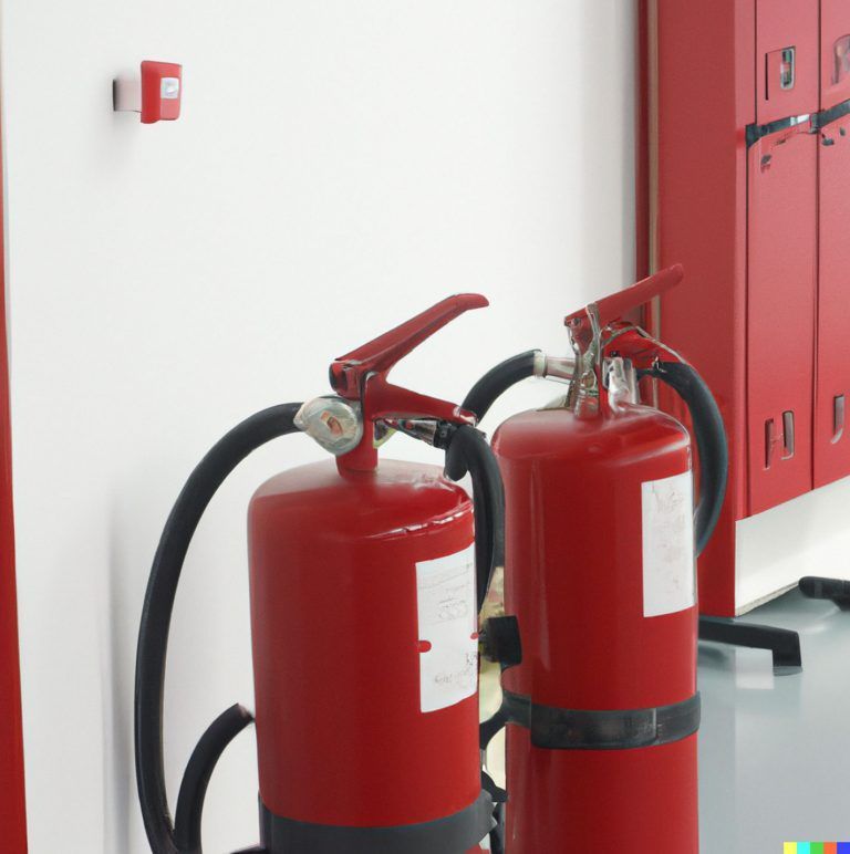 Two Red Fire Extinguishers Against a White Wall Beside Red Lockers — CSET Group Fire & Security in Newcastle, NSW
