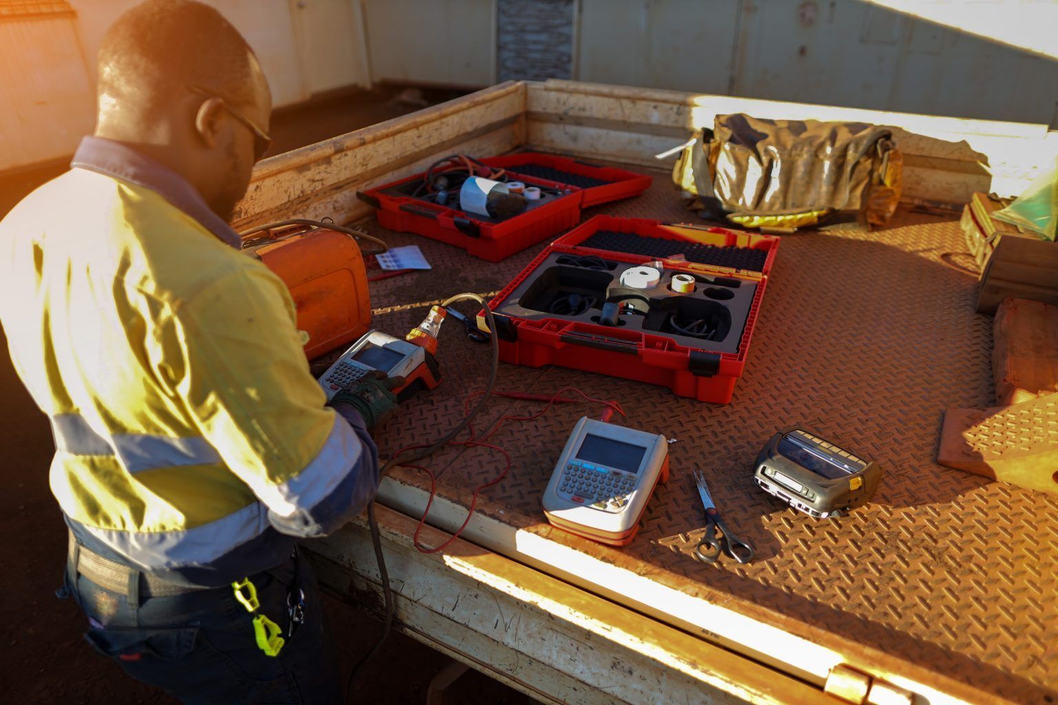Worker Inspecting Tools and Equipment Laid Out on a Truck Bed — CSET Group Fire & Security in Lake Macquarie, NSW