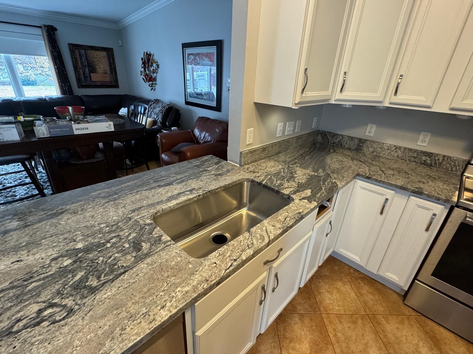 Kitchen with granite countertops, white cabinets, and stainless steel sink.