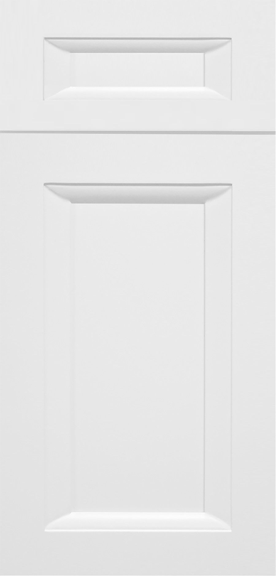 White, raised-panel cabinet door with a rectangular top panel and a larger, rectangular bottom panel.