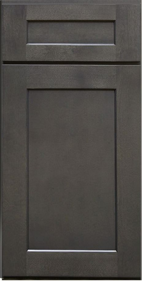 Gray cabinet door with shaker-style design; top rectangular panel, bottom large panel.