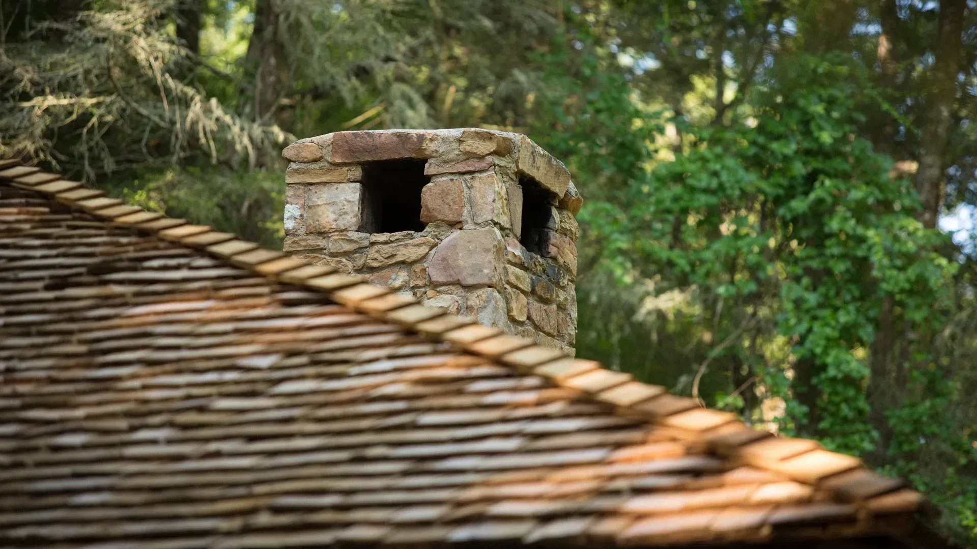 A stone chimney on top of a wooden roof in the woods.