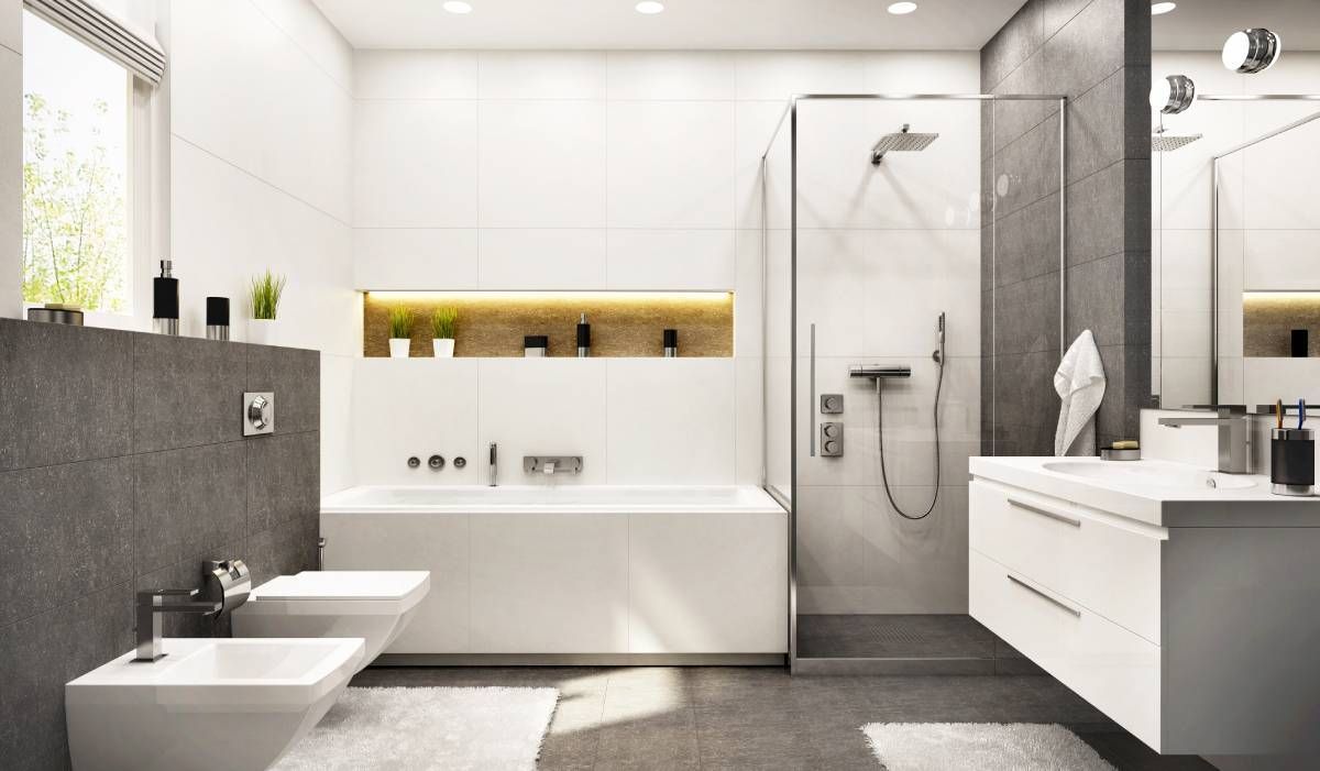 Primary bathroom with modern tub, shower, and vanity near Lexington, KY