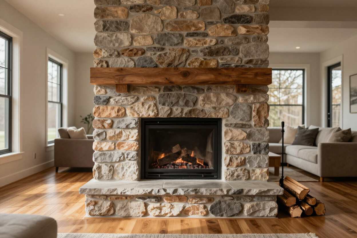 Wood burning fireplace with stone surround
