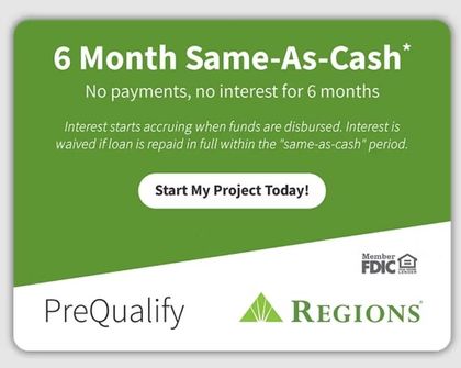 Regions bank ad: 6 Month Same-As-Cash, green and white, with “Start My Project Today!” button.
