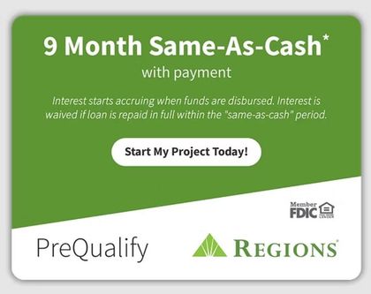 Green Regions mortgage ad for 9-month same-as-cash financing with “Start My Project Today!” button