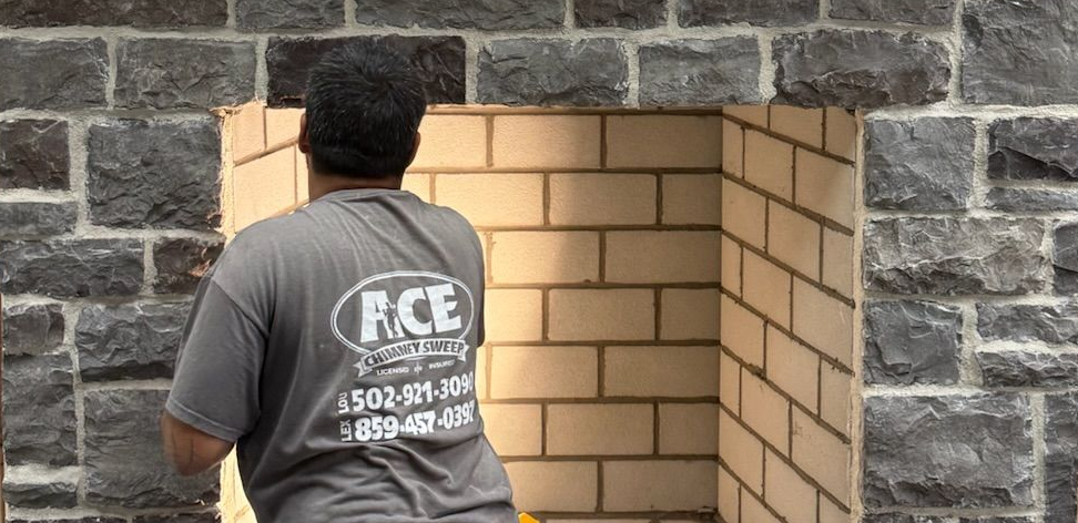 Man in gray shirt working on a brick fireplace opening built into a stone wall