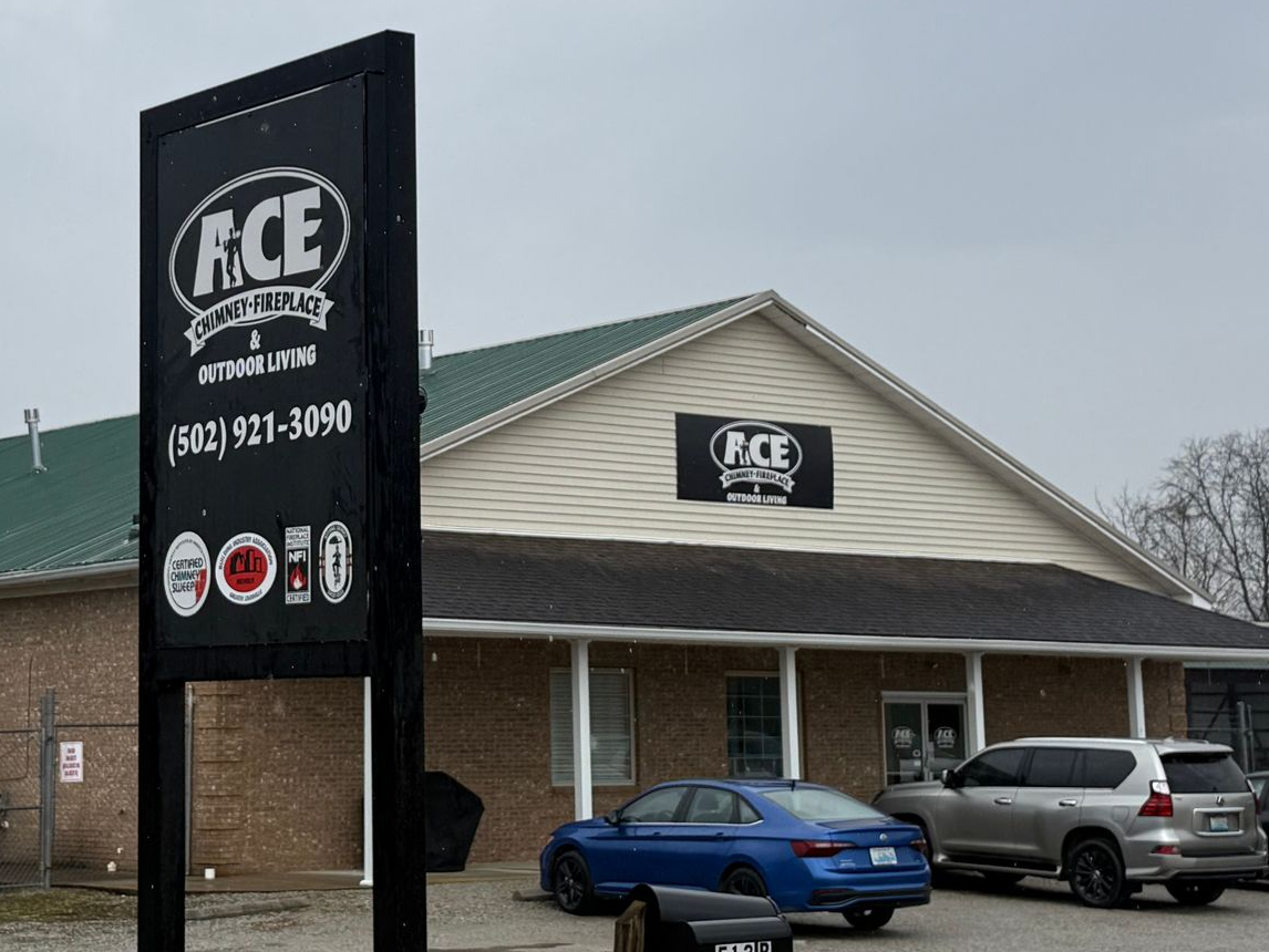 Sign & exterior of the Ace Chimney, Fireplace & Outdoor Living fireplace showcase store