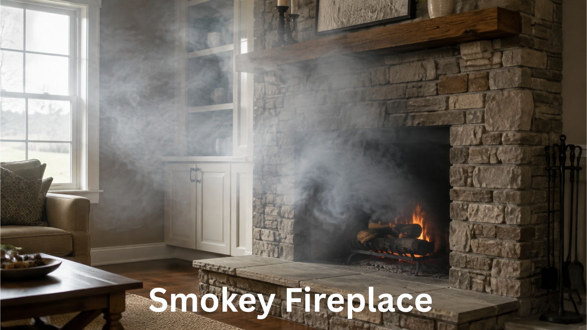 smoke backing into a living room from a wood-burning fireplace with poor chimney draft