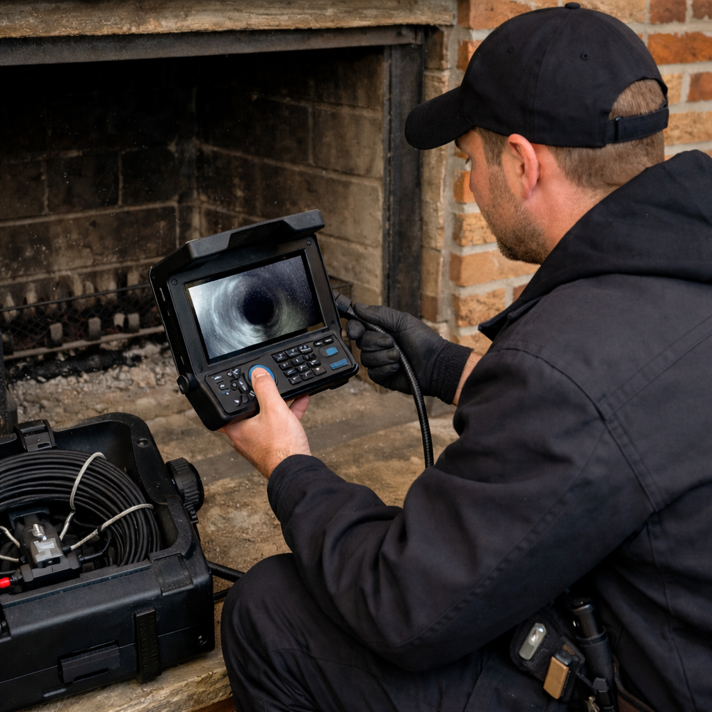 CSIA Certified technician using a video camera to inspect a chimney for signs of a past chimney fire