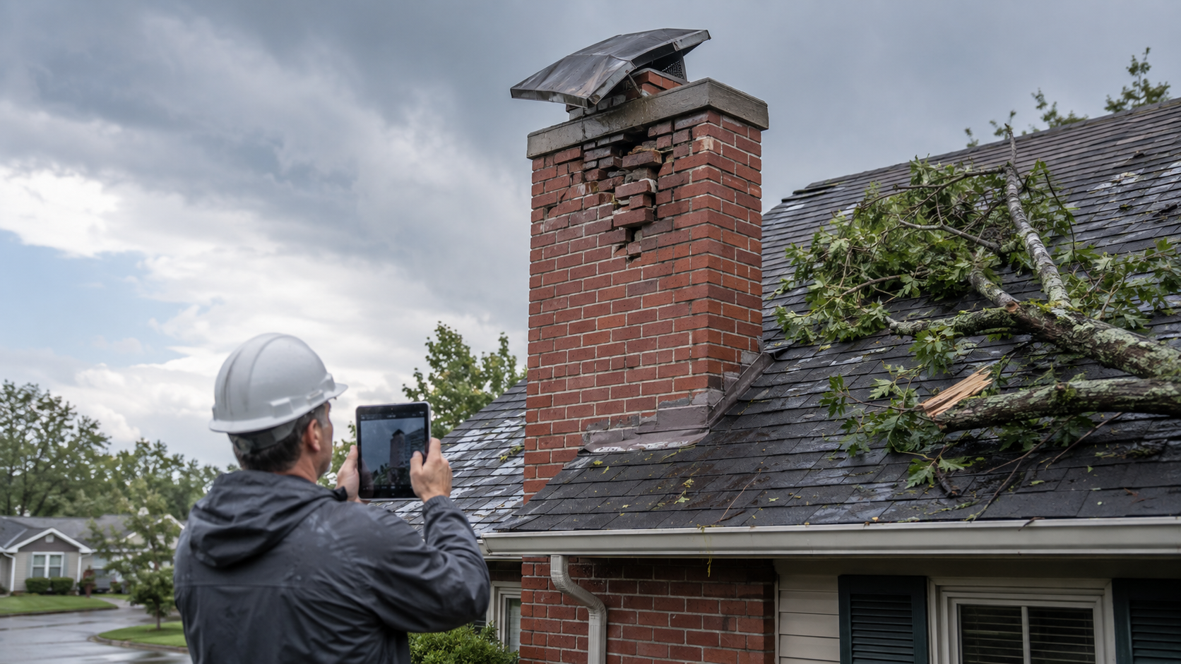 Storm-damaged brick chimney being documented for a homeowners insurance claim in Kentucky.