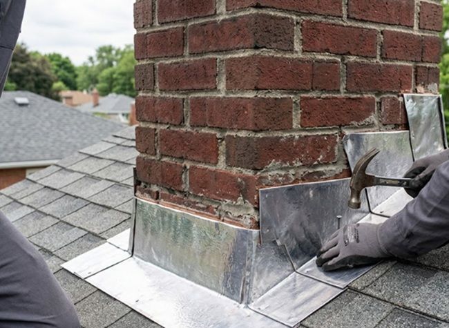 Certified chimney technician nailing silver metal chimney flashing around a brick chimney on a shingled roof