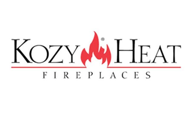 Kozy Heat Fireplaces logo with red flame icon and black serif text