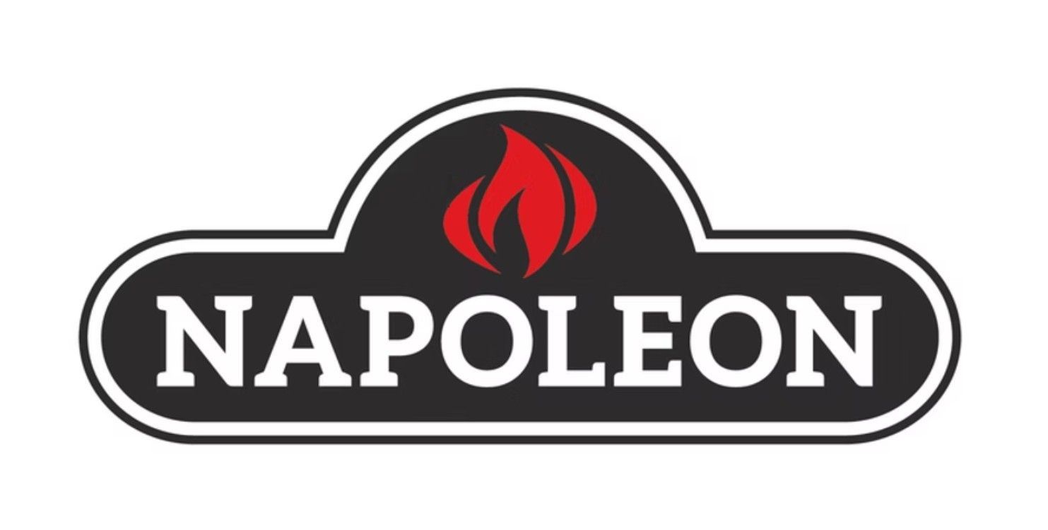 Napoleon fireplace logo with white text and red flame on a black rounded background