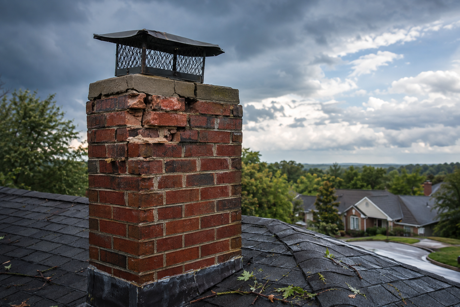Storm-damaged chimney requiring inspection and masonry repair at a Kentucky home