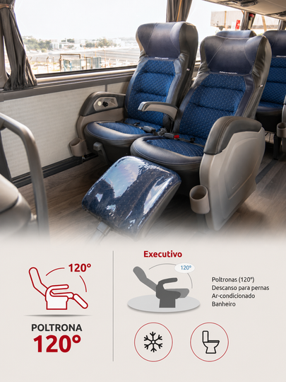 Poltronas de ônibus reclináveis ​​de luxo com almofadas azuis e apoio para os pés