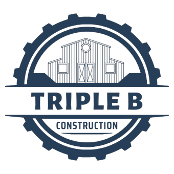 A logo for triple b construction with a barn in the middle of a gear.