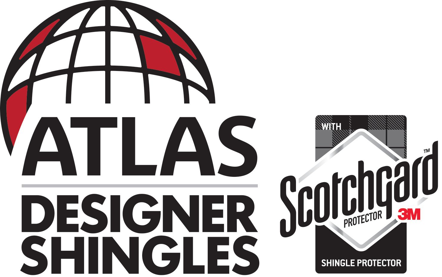 A logo for atlas designer shingles and scotchgard