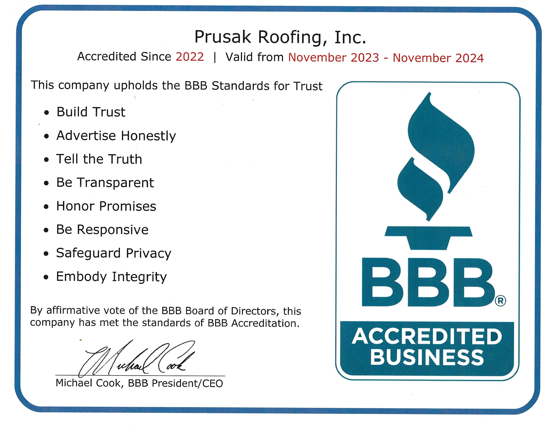 A bbb accredited business certificate for prusak roofing inc.