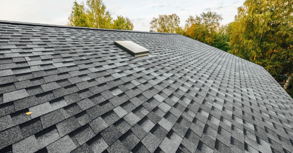 Gray asphalt shingle roof with a ventilation window, surrounded by tall green and golden trees under