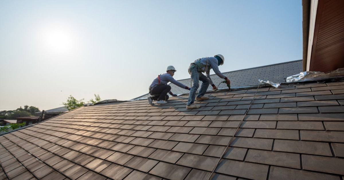 Two roofers install dark roofing shingles on a large sloped roof under a clear sky while secured with safety harnesses.