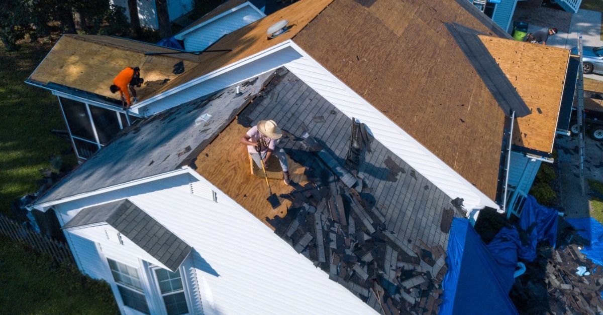Roofers remove old shingles from a white house, exposing plywood roof decking during a residential r
