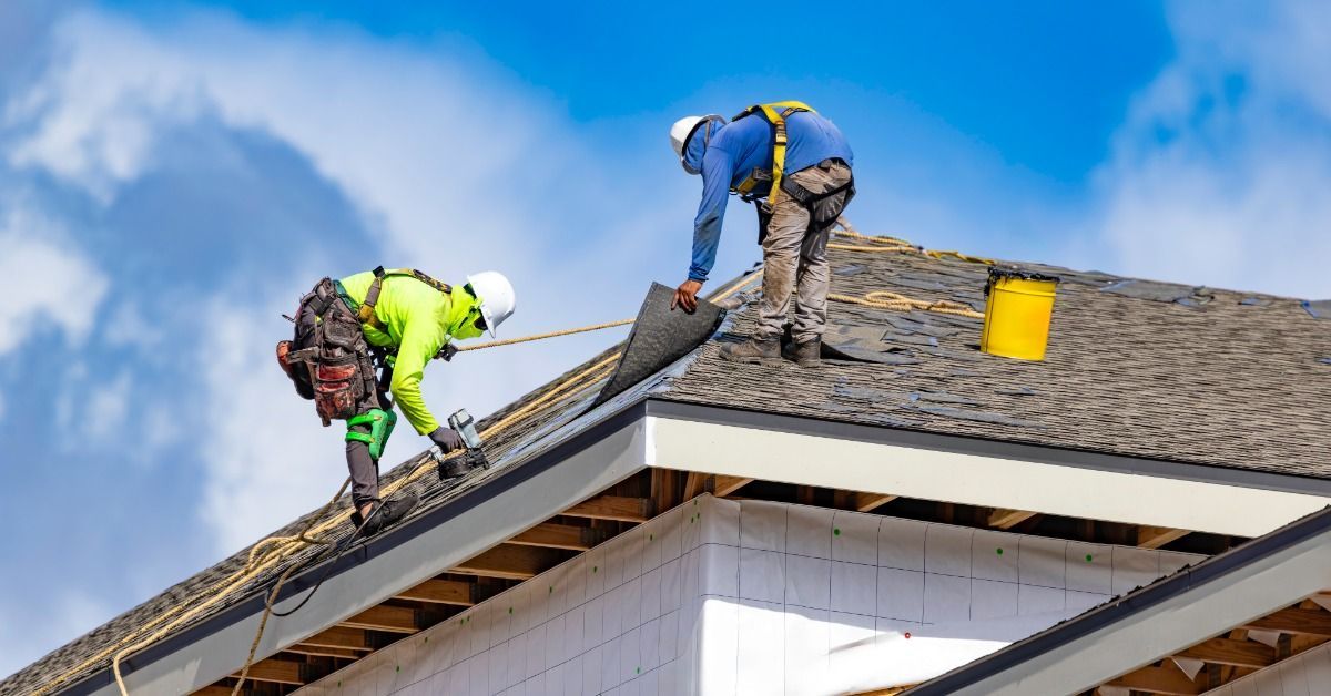 Two roofers wearing safety harnesses install asphalt shingles on a sloped residential roof beneath a bright blue sky.