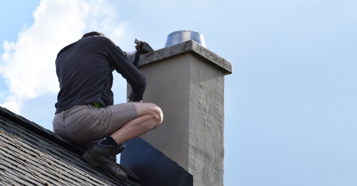 Roofer crouches on a dark shingled roof while working on flashing around a gray chimney beneath a partly cloudy blue sky.