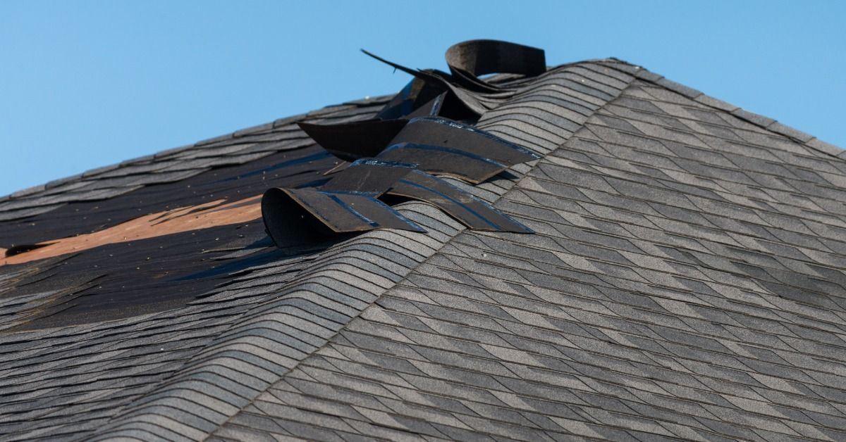 A damaged roof with lifted and torn shingles near a ridge vent, exposing underlayment against a clear blue sky.