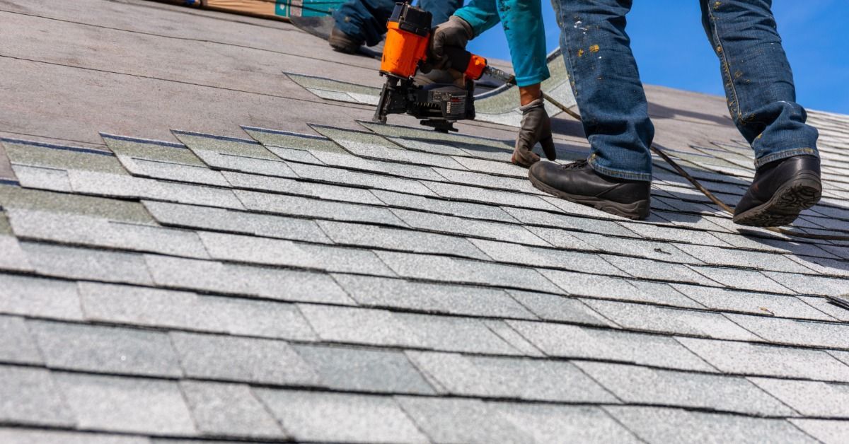 Roofing contractors install gray asphalt shingles on a sloped roof, using a nail gun during a roof r