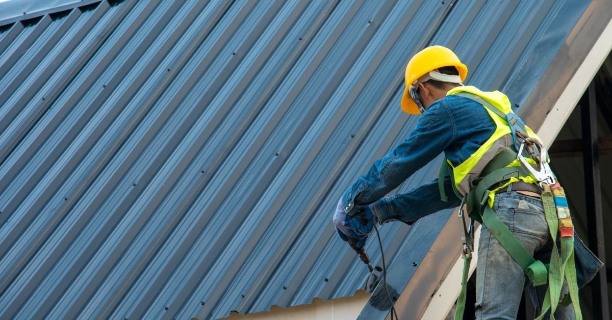 A worker in a safety harness installs blue metal roofing panels on a commercial building while secured near the roof edge.