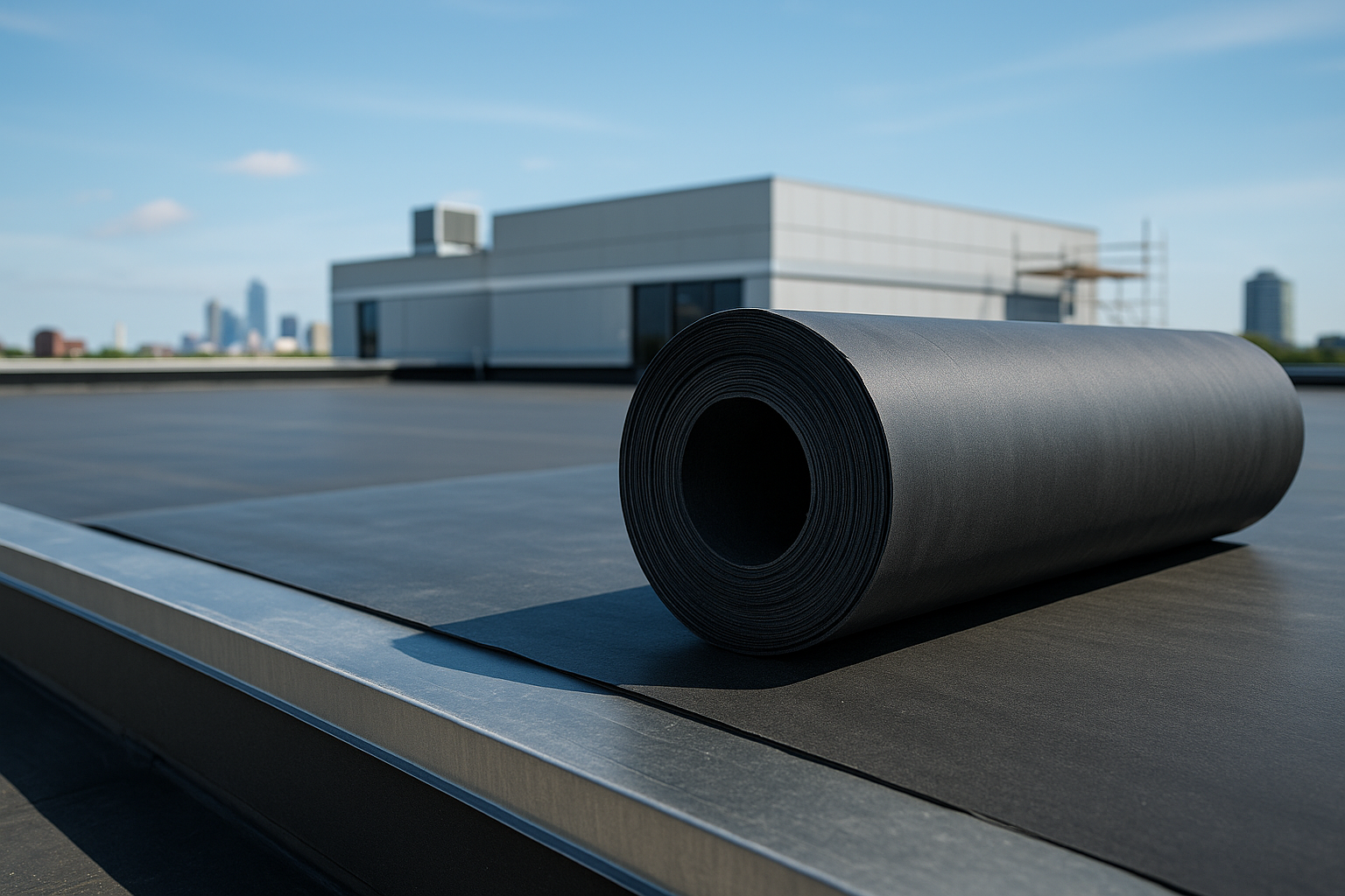 Engineer standing on rooftop looking away and holding blueprint project. Mature construction worker kit standing with copy space. Workman inspecting construction site with sheet of paper in hand.