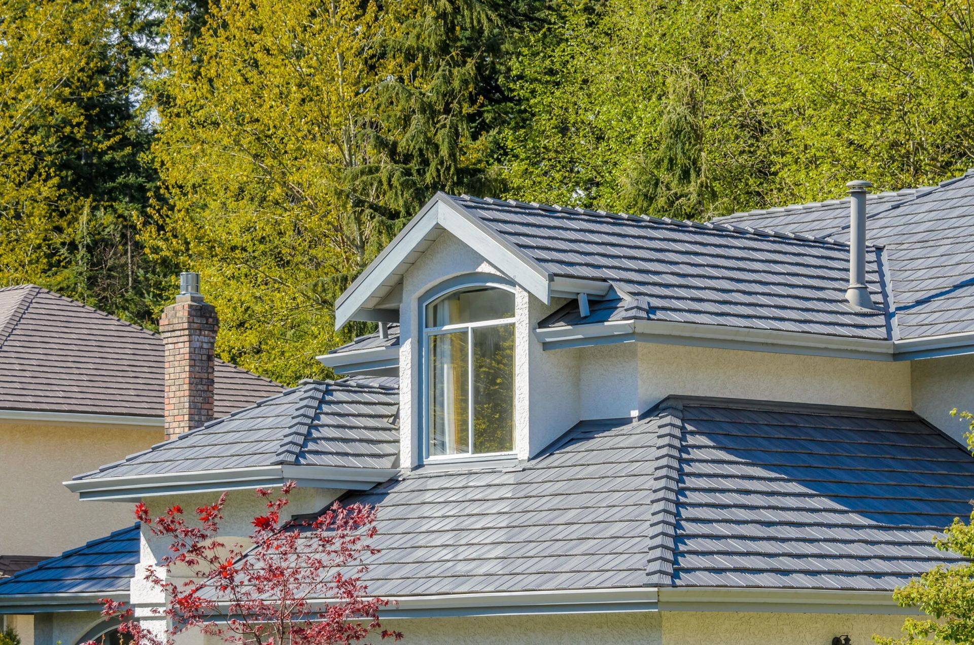 A close-up of a house roof featuring a gabled dormer window against a backdrop of green trees.