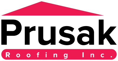The logo for prusak roofing inc. has a red roof.