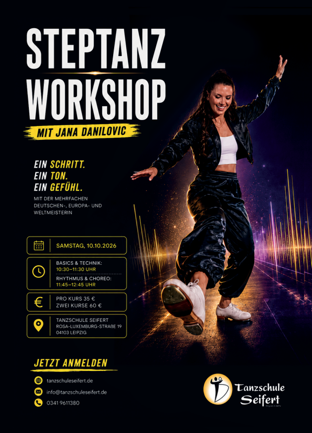 Die mehrfache Deutsche, Europa- und Weltmeisterin im Steptanzen Jana Danilovic begeistert am 10.10.2026 in der Tanzschule Seifert Leipzig mit ihren Steptanz-Workshops