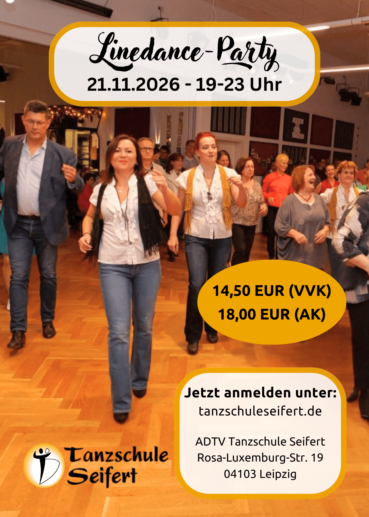 Zur Linedance-Party am 21.11.2026 in der Tanzschule Seifert Leipzig ist Spaß auf und abseits der Tanzfläche garantiert!
