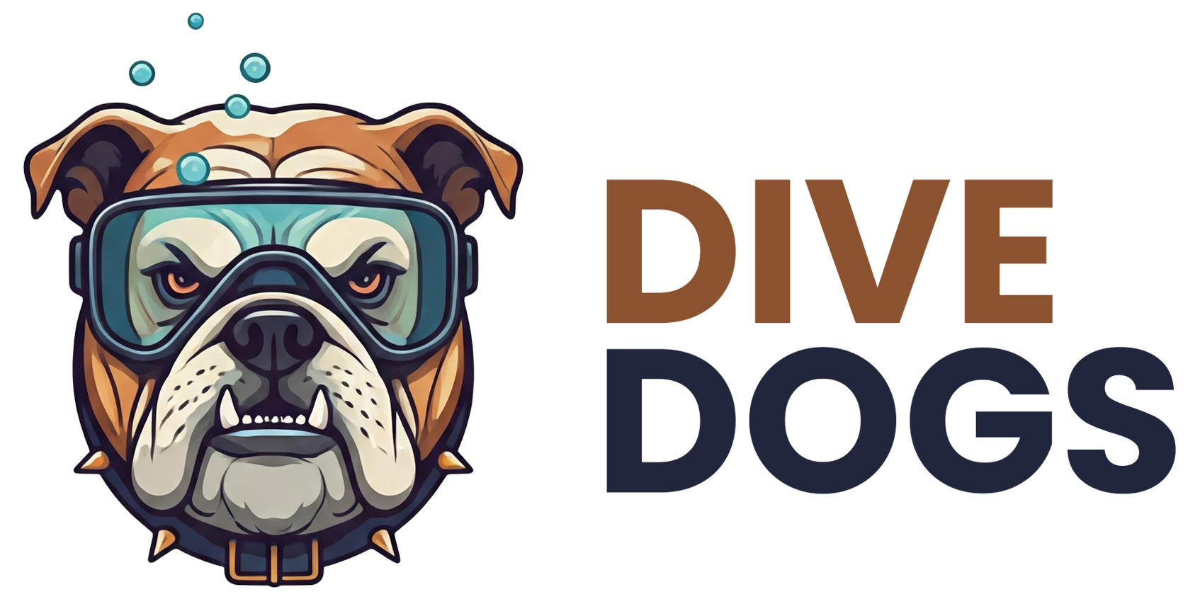 A logo featuring an illustrated bulldog wearing scuba goggles, with bubbles above, next to the text "DIVE DOGS".
