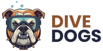 A logo featuring an illustrated bulldog wearing scuba goggles, with bubbles above, next to the text "DIVE DOGS".