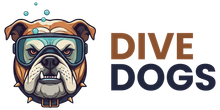 A logo featuring an illustrated bulldog wearing scuba goggles, with bubbles above, next to the text "DIVE DOGS".