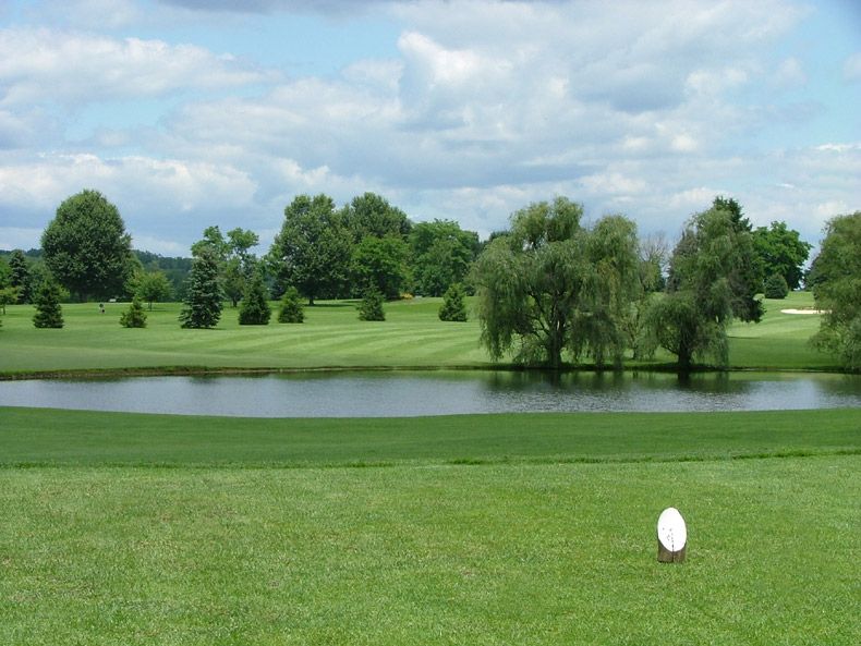 Golf course with a pond, green fairway, trees, and a white golf ball on the grass
