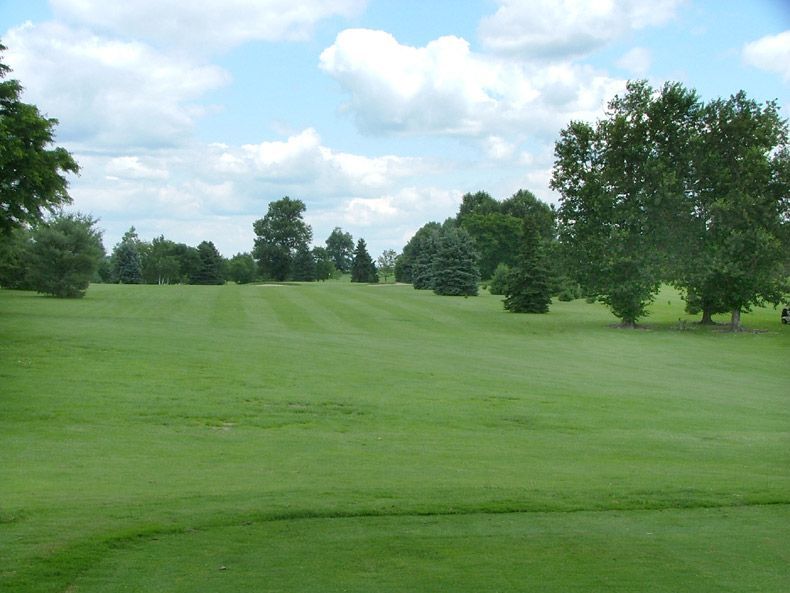 Grassy golf course with trees under a blue sky and scattered clouds