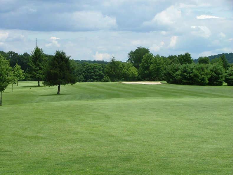 Wide green golf course fairway with trees under a cloudy sky